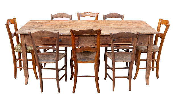 Rustic Table With Chairs On White Background