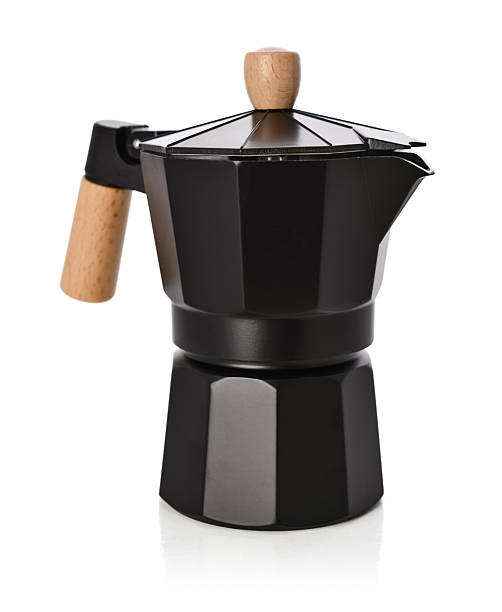 Black moka pot coffee maker with wooden handle isolated on white background, clipping path included