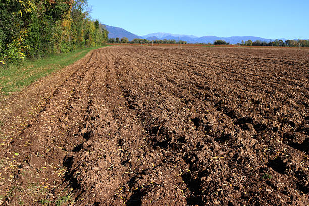 Freshly plowed field in the italian countryside on winter season