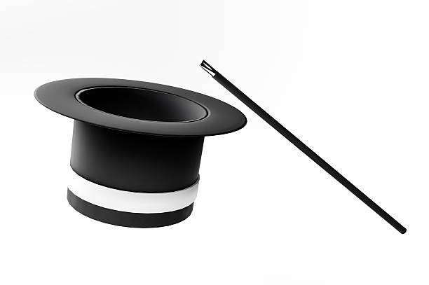 Black magician hat with a magic wand isolated on white background. Concept of magic, illusion, mystery, surprise, fantasy, creativity, and entertainment. Ideal for advertising, presentations, events, and creative design projects.