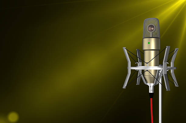 Condenser microphone in a shock mount against a yellow and black background