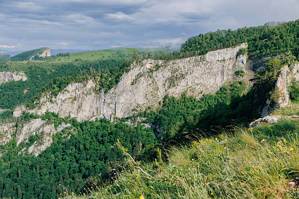 istock Rocky cliff surrounded by lush forest and green hills under a cloudy sky 2254487864