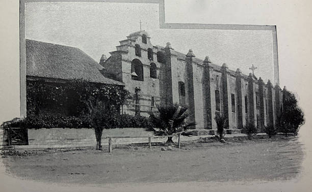 Antique illustration pre 1900 - San Gabriel Mission church in Southern California