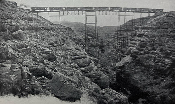 Antique illustration pre 1900 - train bridge in the canyon Diablo in Arizona