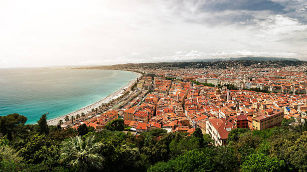 istock Coastline curving along Promenade des Anglais, overlooking crowded beach and turquoise Mediterranean Sea from Nice, France at sunset 2254490124