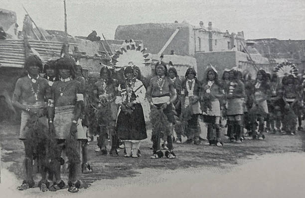 Antique illustration pre 1900 - Indigenous North American people preparing for a dance in a pueblo