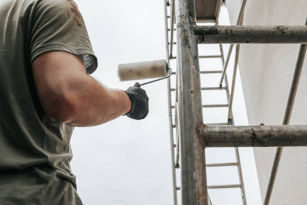 istock Worker painting exterior wall from scaffolding, renovation work 2254498357
