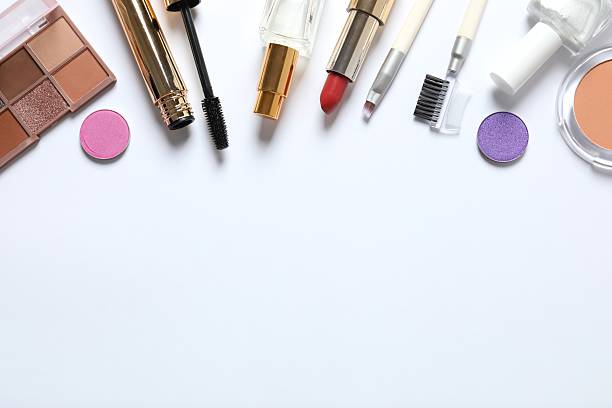 Professional decorative cosmetics, make-up products and accessories on white background, minimal style. Beauty, fashion, visage and shopping blogger concept