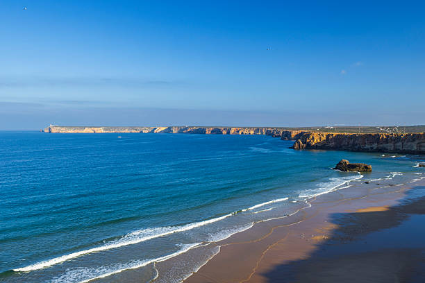 Portuguese Atlantic coast featuring sandstone cliffs, a wide beach, and clear blue ocean