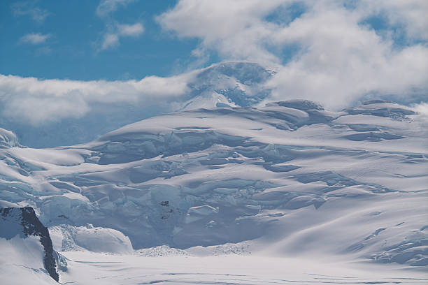 Stunning Antarctica Glacier Beautiful Light Clouds Fluffy Snow White, Black Mountain Tops, Blue Sky. Fine Art Photography Background Nature