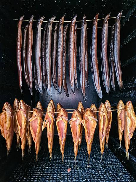 istock Smoking eels and fish hanging in a traditional smokehouse 2254511597