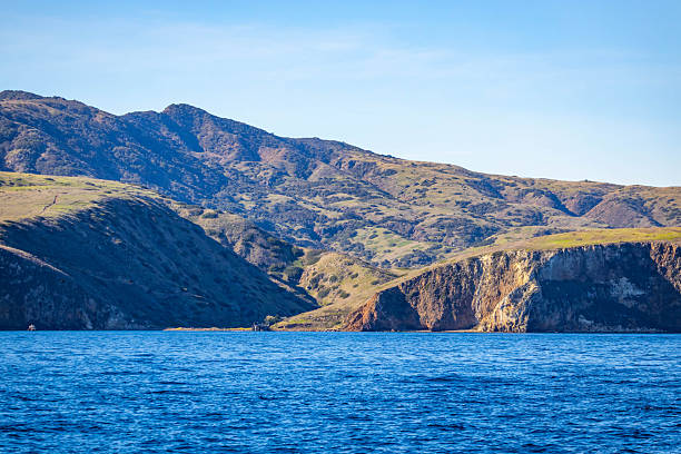 Coastline view of Santa Cruz Island seen from an arriving boat at Channel Islands National Park in California