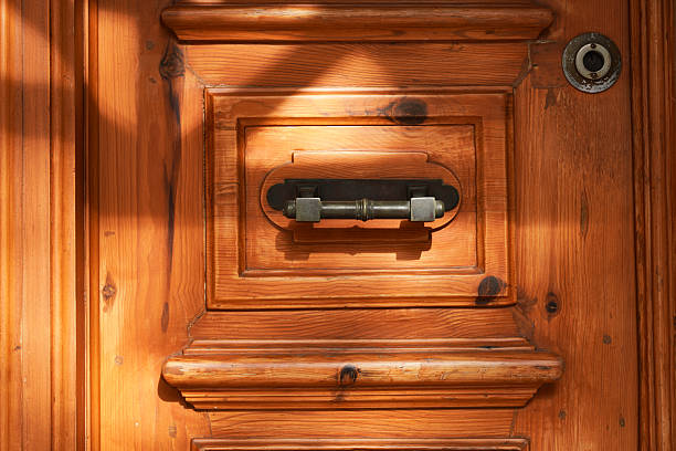 Closeup of an old wooden front door, with brass mail slot.