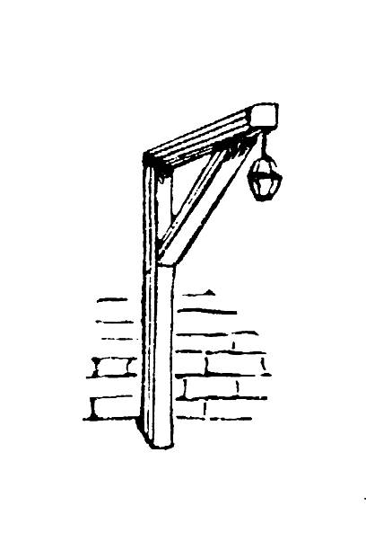 A wooden gallows structure with crossbeam and noose, showing historical capital punishment device and grim public symbolism, old vintage illustration, 1897.
