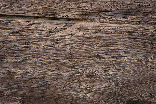 close up view of brown wood texture with rustic surface and deep horizontal cracks showing a weathered timber grain with a natural organic pattern.