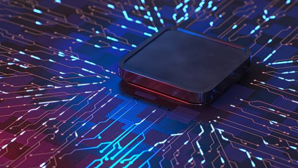 istock Futuristic 3D render of central CPU microchip on glowing blue and red digital circuit board 2254517961