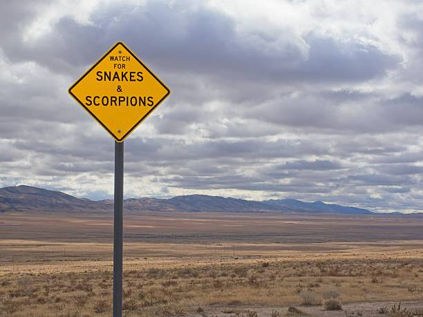 Snake and scorpion warning sign at a rest area along Interstate 80 in rural Utah.
