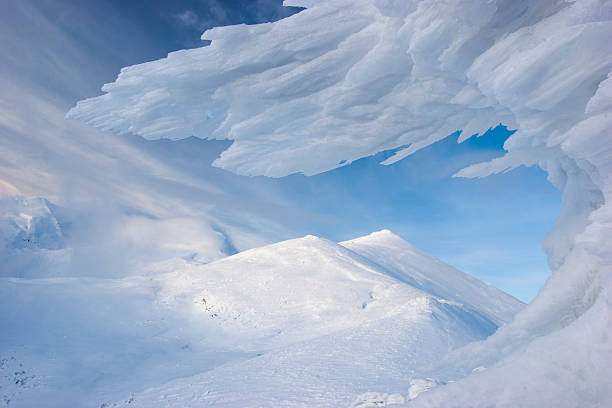 Big ice fragments covered with snow with a clear sky  and moon in the background
