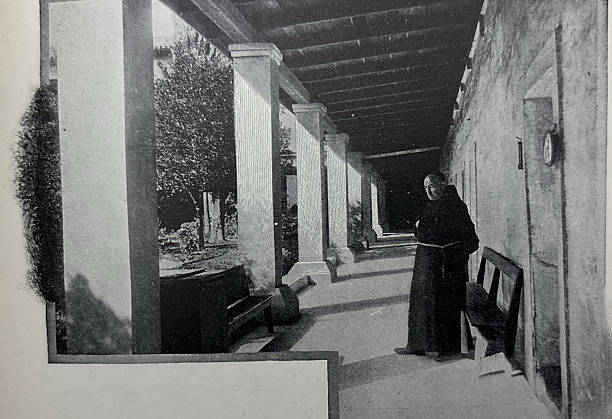 Antique illustration pre 1900 - religious priest outdoors on a walkway