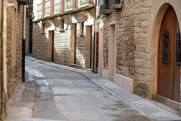 A quiet alleyway meanders through a picturesque village, featuring warm stone walls and wooden doors. Sunlight dances on the pavement, inviting exploration of hidden corners.