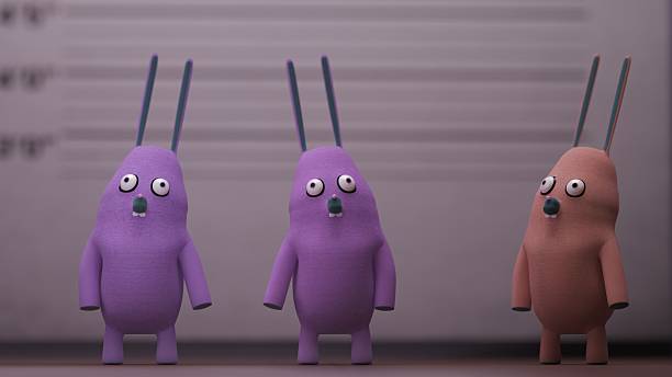 3D render showing two purple rabbits and one brown rabbit standing on a wooden floor in front of a lineup height chart wall with depth of field.