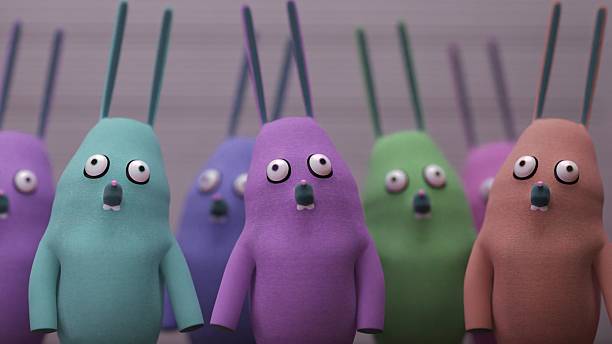 3D render closeup of rabbit characters with round eyes and long ears, with one purple rabbit centered and other rabbits behind, in front of a lineup height chart wall.