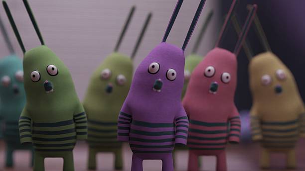 Group portrait of rabbit characters with shirts with stripe pattern in front of a height chart wall. Several figures stand behind the main figure. Concept for identification lineup, studio shot, copy space.