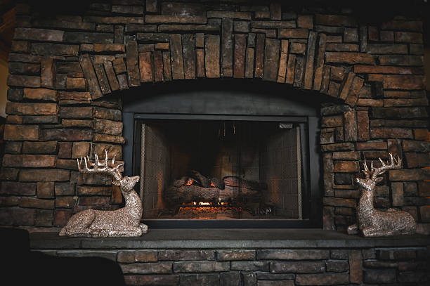 Empty Scandinavian-style room with modern fireplace, stacked firewood, concrete floor, and ocean-view window. Minimalist and natural design. 3D rendering.