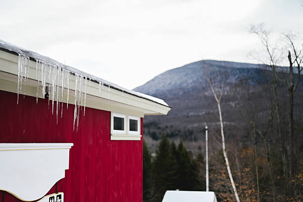 Icicles decorating a red building roof with a snowy mountain and forest in the distance