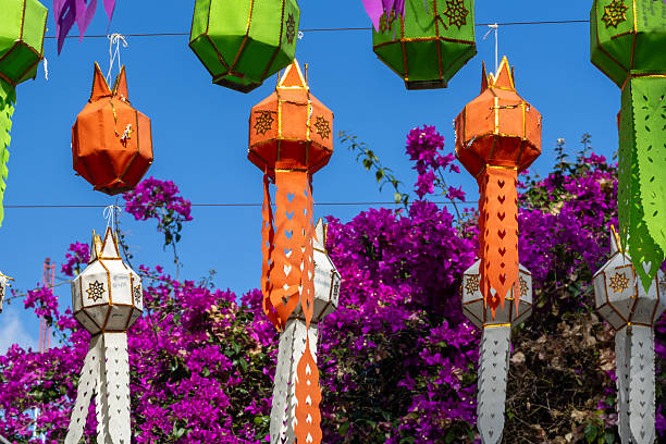 istock Vibrant Thai Lanna Khom Kwaen Lanterns, Blue Sky 2254561816