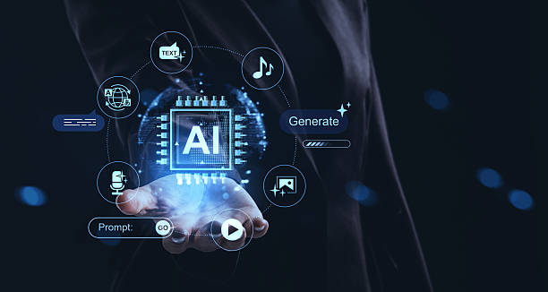 istock Futuristic AI interface concept showing digital prompts, generation icons, and multimedia elements emerging from human hand on dark tech background. 2254573528