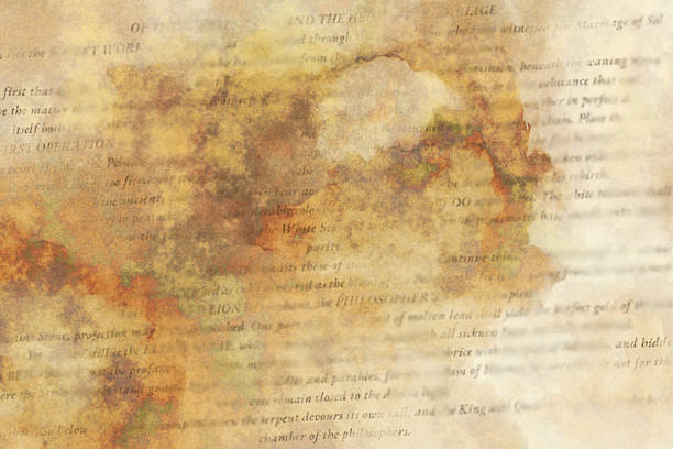 istock Old stained alchemy manuscript abstract background with fictitious text. 2254573893
