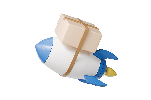 istock 3d delivery rocket icon. express shipping concept. minimal cartoon parcel box courier for ecommerce delivery. isolated on white transparent background. 3d render. 2254574133