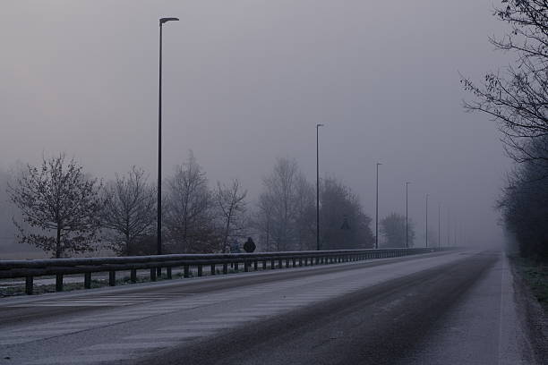 Empty road stretching into dense fog with a lone person walking along the roadside. Street lights and bare trees fade into the mist, creating a quiet and minimal atmosphere. The scene conveys feelings of solitude, uncertainty, journey, isolation, winter, and reflection, making it suitable for conceptual and background use.