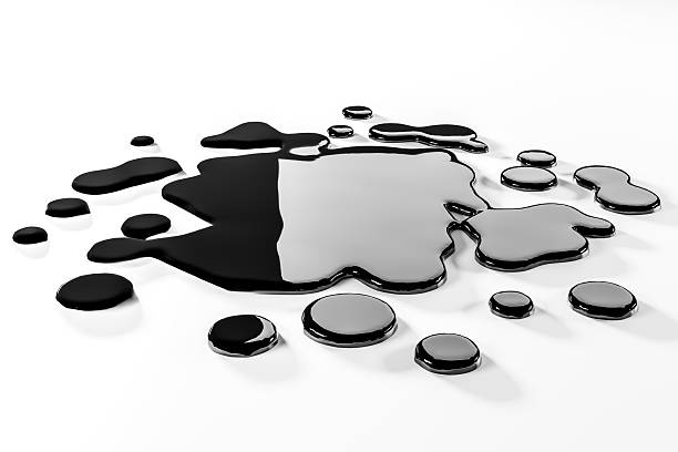 Abstract glossy black oil spill with smooth reflective surfaces on a clean white background. Minimal modern composition representing petroleum, crude oil, environmental pollution, energy industry, contamination, and industrial fluid concepts.