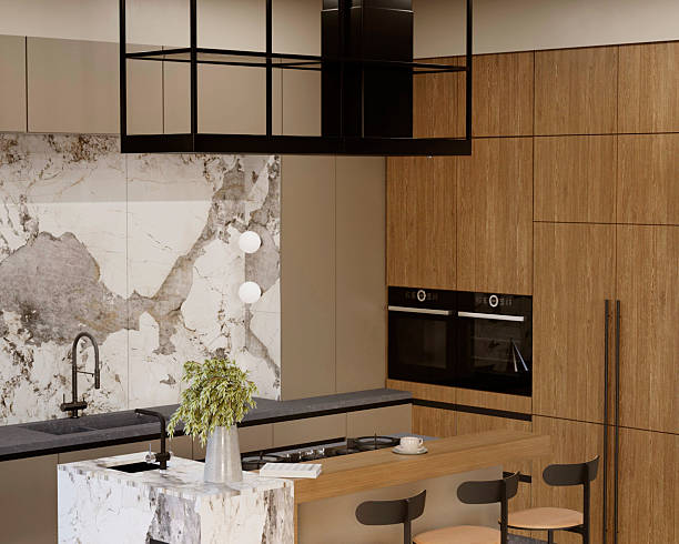 istock 3D rendering of a kitchen interior with a kitchen island, large range hood, and bar stools. 2254579496