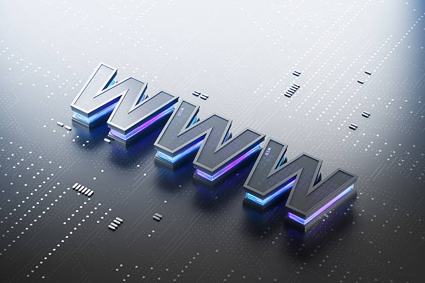 istock Glossy 3D WWW letters on futuristic digital surface symbolizing internet, technology and web network concept with glowing light effects and circuits. 3D Rendering 2254579710