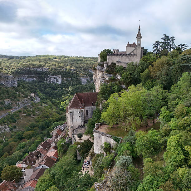 Village and monastery of Rocamadour in France, perched on a cliff in a valley