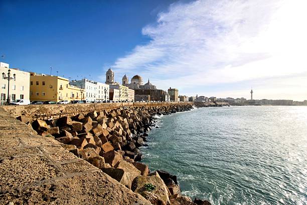 A wide-angle shot of the Cadiz coastline in Andalusia. The image shows the seawall with large concrete breakwater blocks in the foreground, leading towards the historic city center and the Santa Cruz Cathedral under a bright sky.