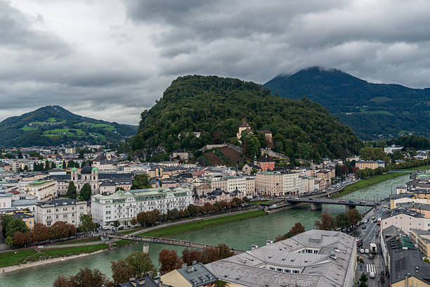 Peaceful lakescape in Salzburg, Austria. The serene water mirrors a clear blue sky. Snow-capped mountains form a stunning backdrop, with a blend of historic and modern architecture lining the water's edge. A bridge spans the lake, connecting both sides of the city. Bare trees suggest a colder season, contributing to the tranquil atmosphere.