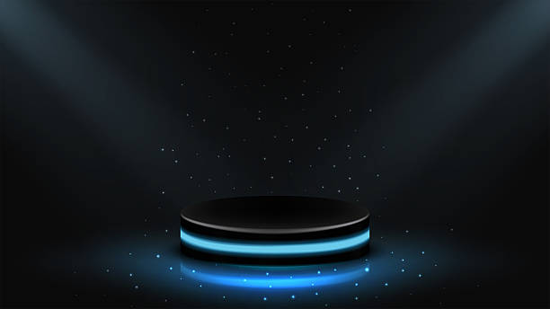 istock Abstract Futuristic Cylinder Podium with Blue Neon Glow Lights for Product Display Presentation background template 2254589395