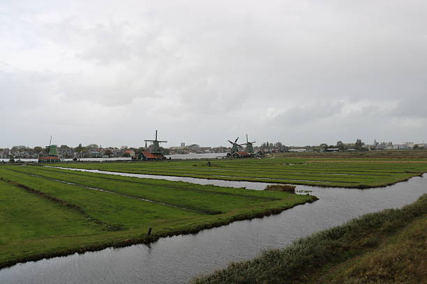 Typical Dutch landscape with fields, canals and windmill of the Dutch Heritage site the Zaanse Schans. This photo is taken in October with dark cloudy sky, light rain and very cold wind. Camera used is a Canon EOS 750D