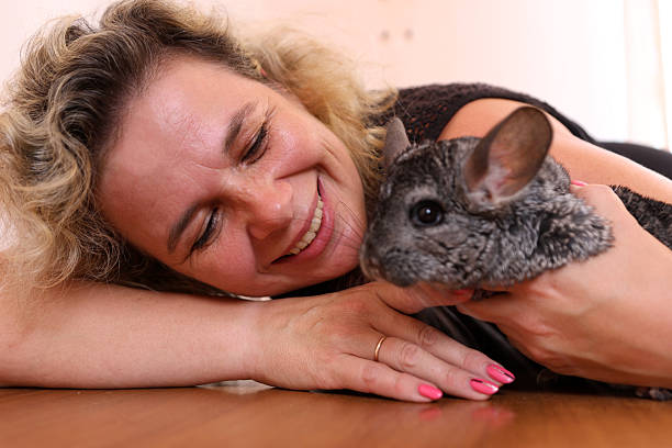 istock Smiling woman gently hugging a chinchilla while lying on the floor, creating a warm and trusting home scene 2254596752