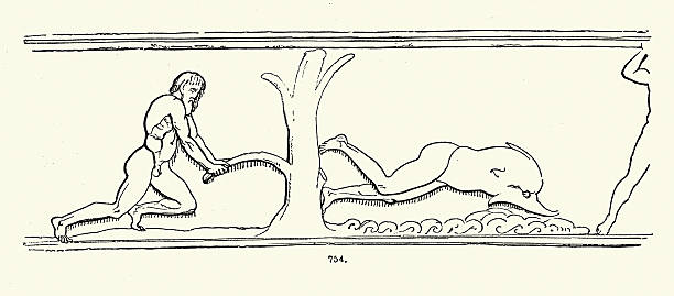 Ancient Greek history, Half man half dolphin monster, Hero, bas-relief from the frieze on the Choragic Monument of Lysicrates, Athens, Vintage illustration