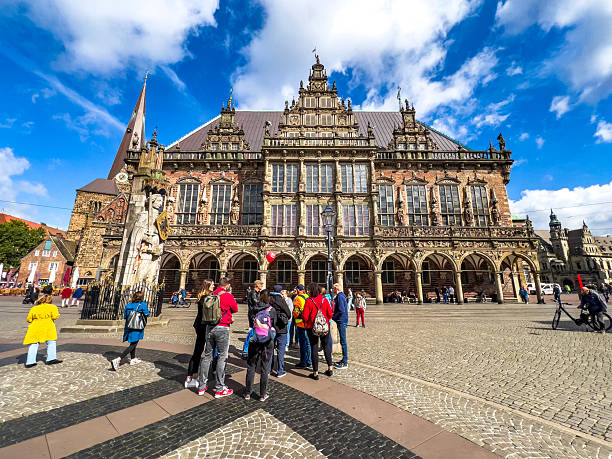 Germany, Bremen - September 12, 2024: The heart of the city, Marktplatz, is known for the Town Hall (Rathaus), a UNESCO World Heritage site, and the famous Bremen Town Musicians statue.