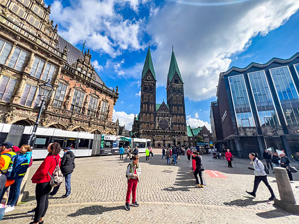 Germany, Bremen - September 12, 2024: The heart of the city, Marktplatz, is known for the Town Hall (Rathaus), a UNESCO World Heritage site, and the famous Bremen Town Musicians statue.