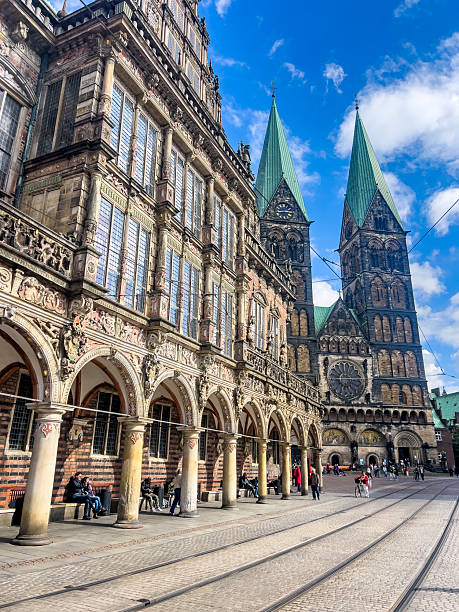 Germany, Bremen - September 12, 2024: The heart of the city, Marktplatz, is known for the Town Hall (Rathaus), a UNESCO World Heritage site, and the famous Bremen Town Musicians statue.