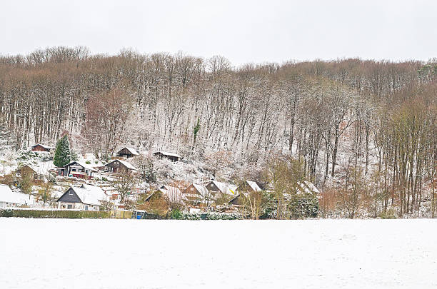 Cozy village nestled on a snow-covered hillside surrounded by bare winter trees