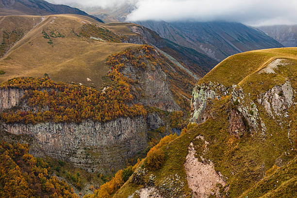 Dramatic horizontal view of a mountain canyon in Georgia, showcasing rugged cliffs, columnar basalt formations, and dense forest covered in deep autumn colors.