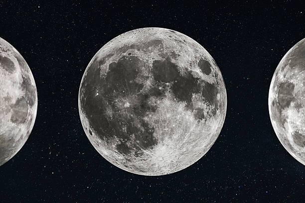 Detailed close-up of a full moon centered between two partial moons against a dense starry background. High-resolution texture of lunar craters and maria in deep space. Cinematic cosmic view.